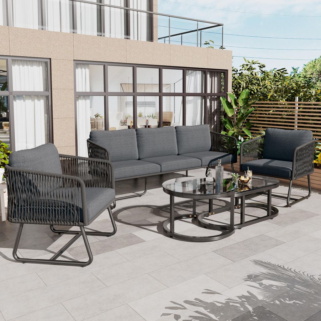 5-teiliges Garten-Lounge-Set mit verzinktem Eisenrahmen & Seilgeflecht, verstellbare Füße, glatte Glasplatte, graues Outdoor Möbel für Terrasse