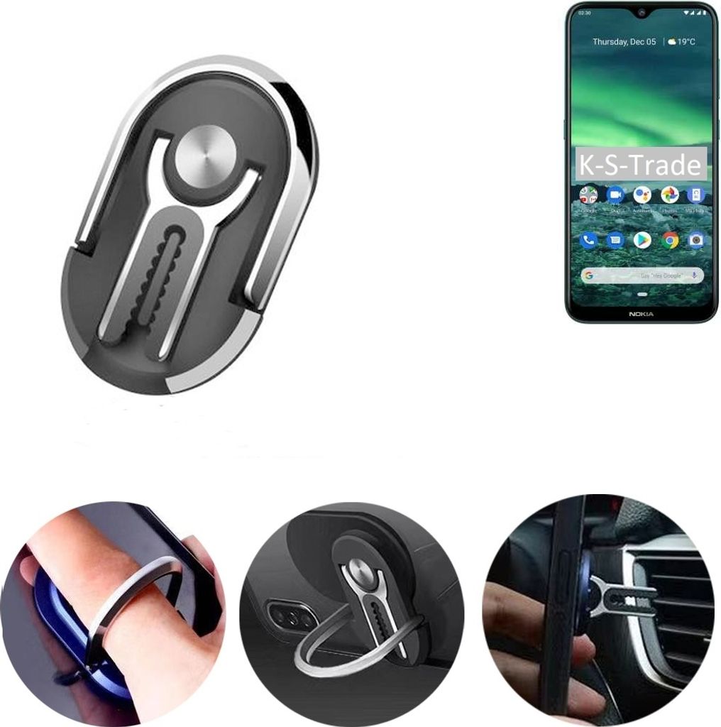 K-S-Trade 3in1 Smartphone-Ring Handy-Ring kompatibel mit Nokia 2.3 Fingerhalterung Handyring Tischständer Lüftungsgitter-Halterung Tisch Ständer