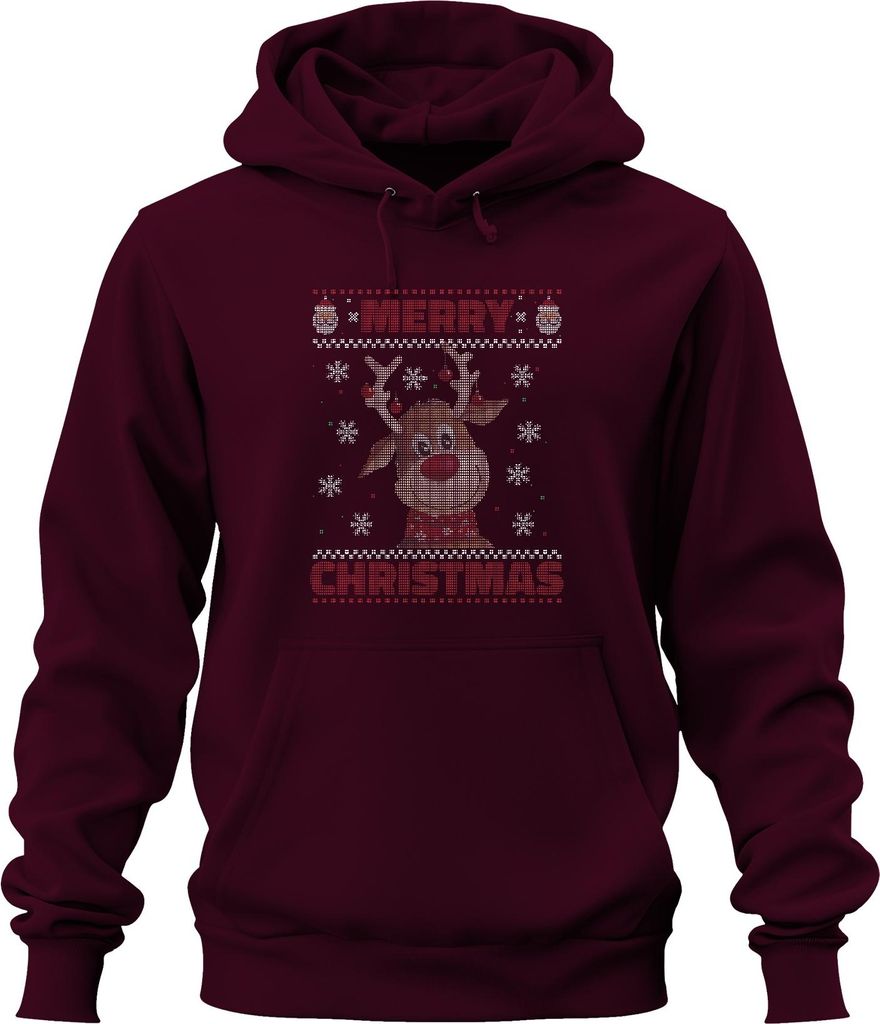 Merry Christmas Ugly Sweater Rentier Weihnachtsgeschenk Uni Hoodie Kapuzenpullover, Burgundy, S