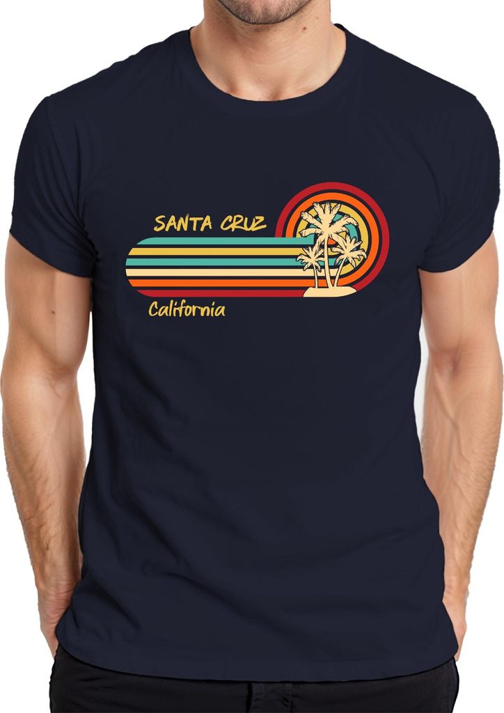 Santa Cruz California Retro Palmen Sonnenuntergang Strand Surfer Herren T-Shirt, Navy, XXL