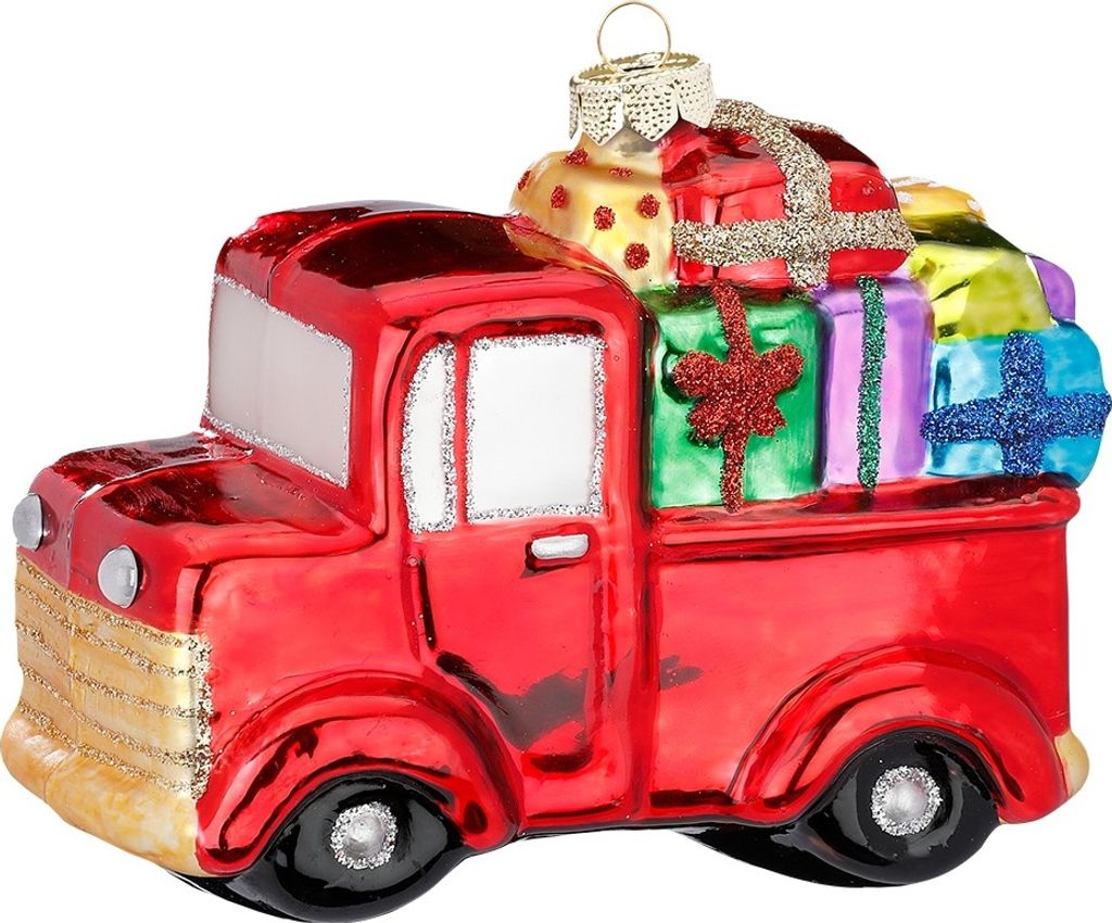 Christbaumschmuck Glas LKW Transporter mit Geschenken 12cm rot