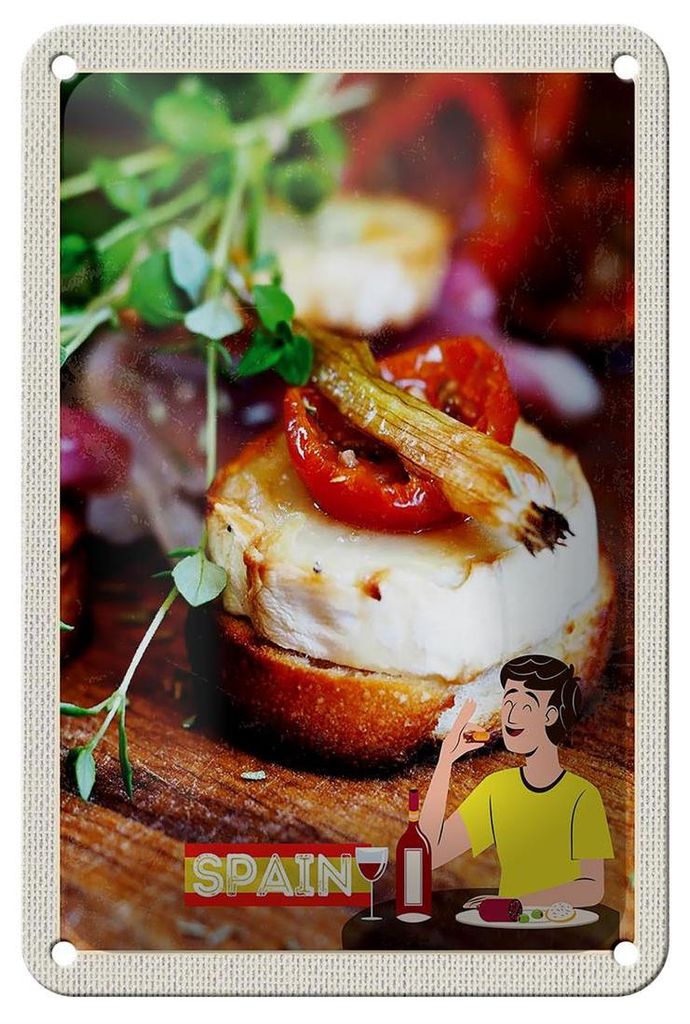 Blechschild Reise 12x18cm Spanien Wein Fleisch Fisch Produktbild 
