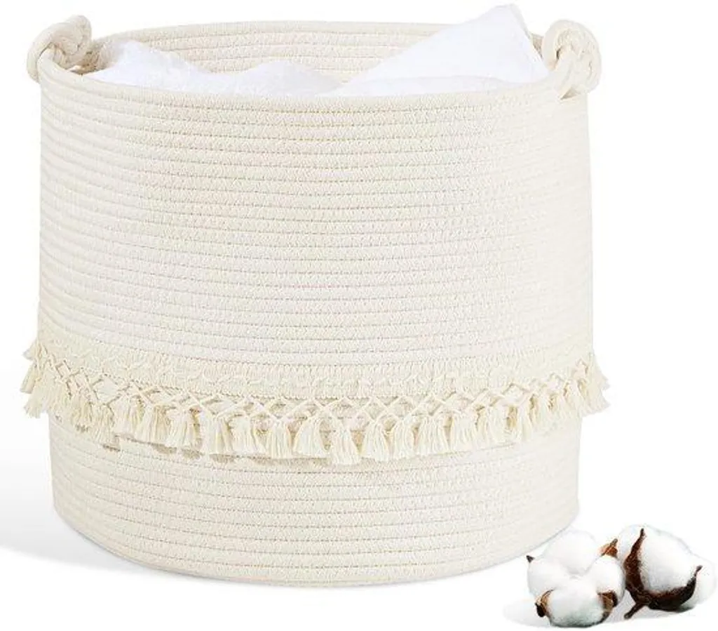 Corbeille à linge ronde en coton blanc 38 L avec tablette de rangement