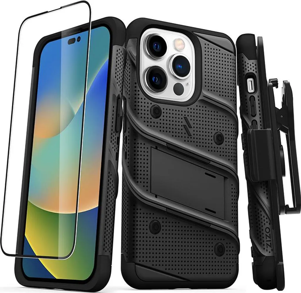 Zizo Bolt iPhone 14 Pro: Custodia Blindata Nera con Vetro 9H e Supporto