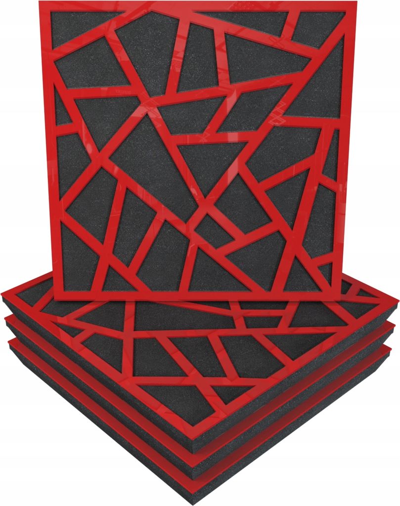 4 Stück AKUSTIK-WANDPANEELE mit Montageset | "SKYROSS" 50x50x5cm | Absorption und Diffusion | Farbe: Rot glänzender Kunststoff