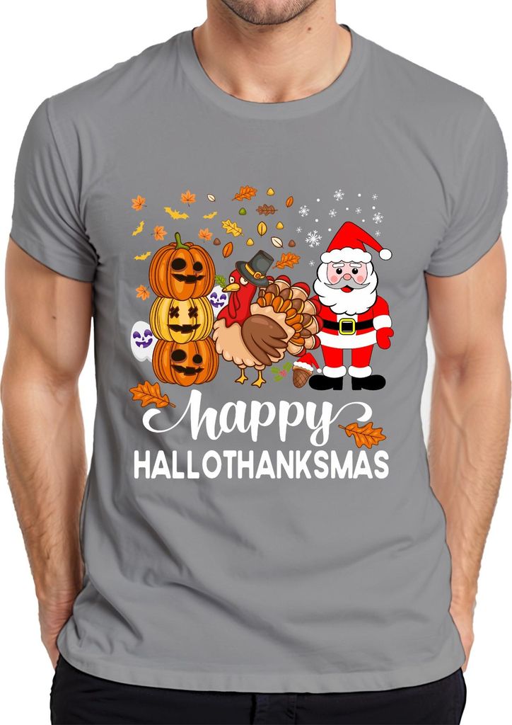 Happy Hallothanksmas Halloween Thanksgiving Turkey Santa Herren T-Shirt, Grau, XXL