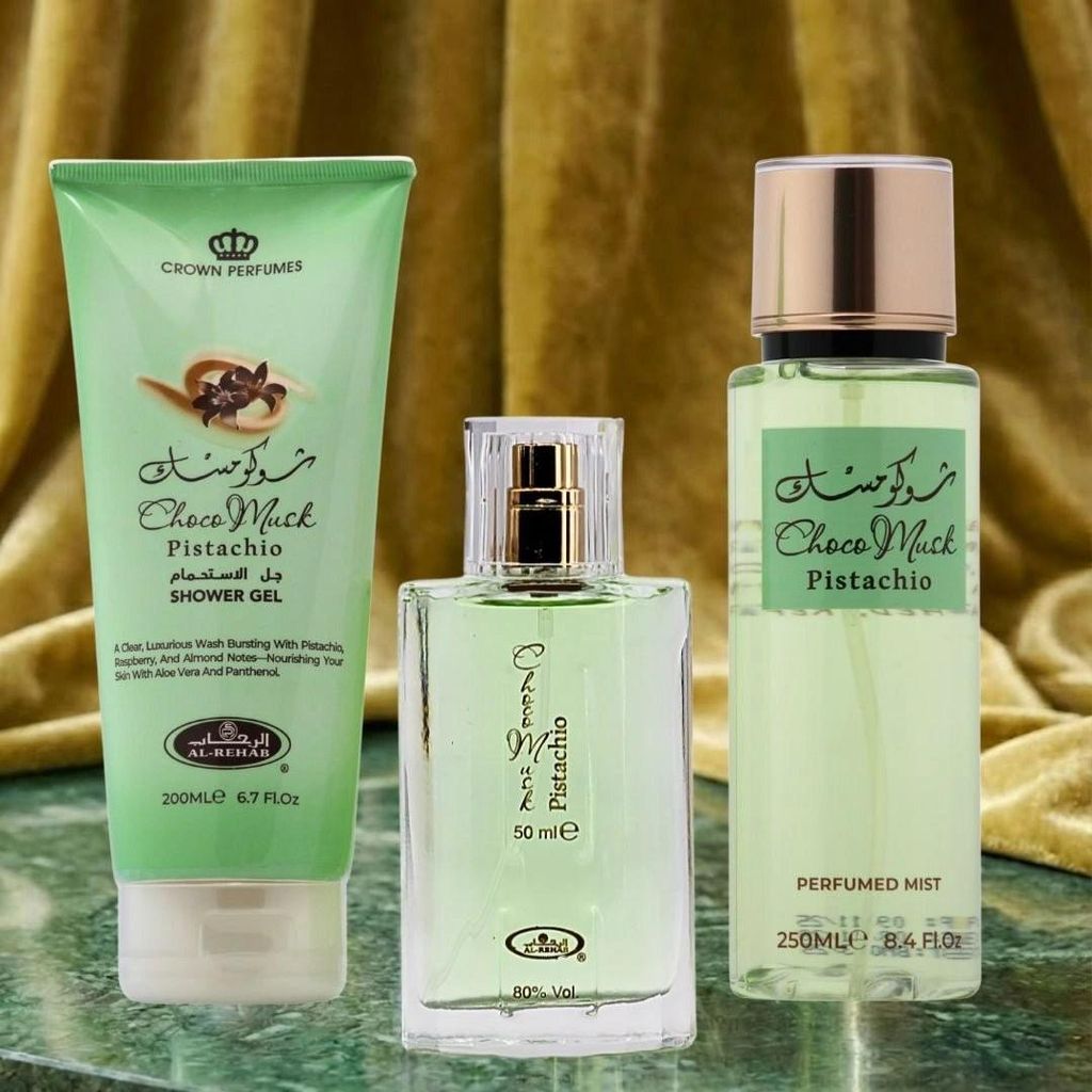 Al Rehab Choco Musk Pistachio 3-teiliges Duschgel 200 +Parfüm 50 ml +Körperspray 250 ml Geschenkset