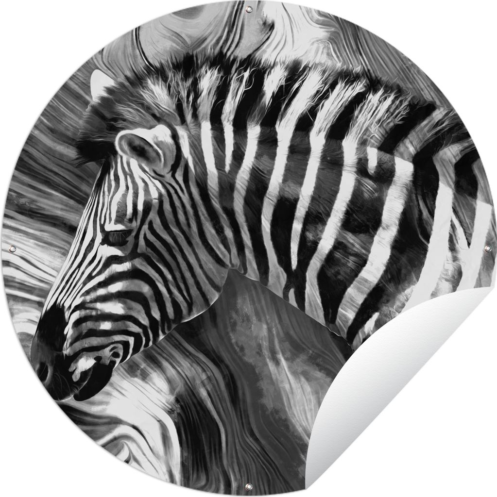 MuchoWow Gartenposter Outdoor-Poster Rund Gemälde - Ölfarbe - Zebra - Tiere - Schwarz - Weiß Ø 150 cm Gartendeko Rundes Poster draußen