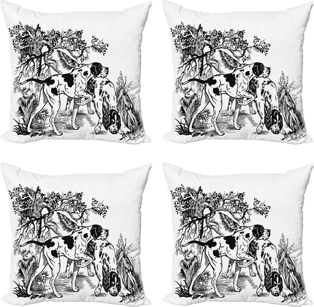 ABAKUHAUS Jagd Kissenbezug Set (4 Stück), Hunde in Wald, Moderner Doppelseitiger Digitaldruck, 40 cm x 40 cm, Schwarz-Weiss