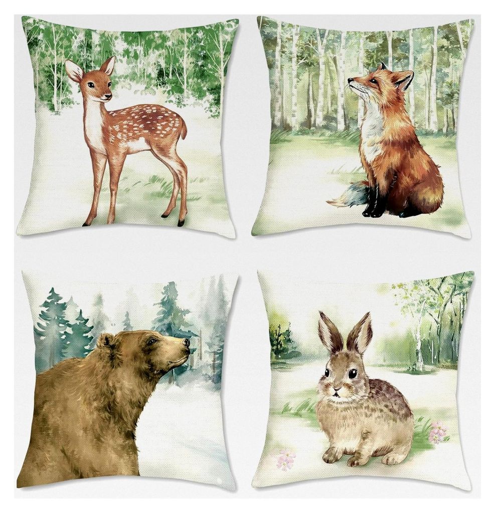 4er Set Kissenbezüge Waldtiere 45 x 45 cm Reh Fuchs Kaninchen Polyester Leinen Dekorative Kissenhüllen für Sofa Schlafzimmer Wohnzimmer Garten O...