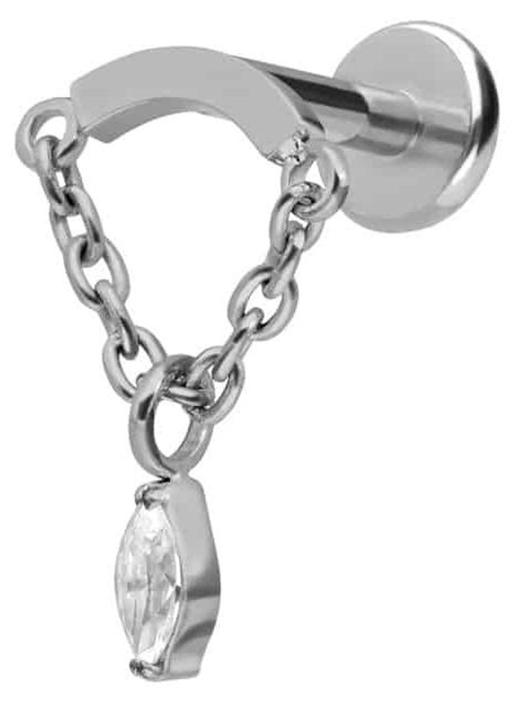 Ohrpiercing, Nasenpiercing Titan Labret mit Push Fit BOGEN + KETTE + KRISTALLTROPFEN Silber Stablänge: 8mm | Stabstärke: 1,2mm | Discgröße: 10 ...