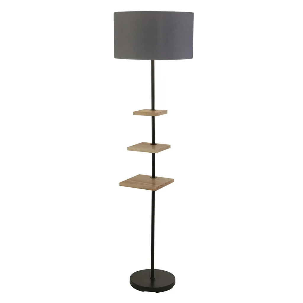 Lampadaire design bois et acier noir avec tissu gris chiné H163 cm