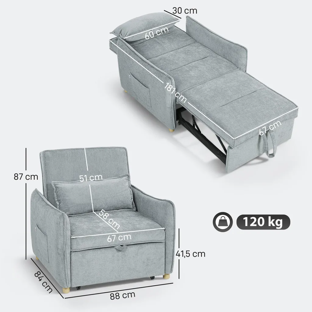 Chauffeuse convertible 1 place, fauteuil-lit en chenille grise douce - 5