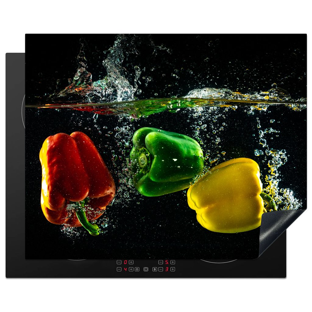 KitchenYeah Herdabdeckplatte Paprika - Gemüse - Wasser - Schwarz - Rot - Grün - Gelb , 65x52cm, Küche Deko, Glaskeramikkochfeld Herdabdeckung,...