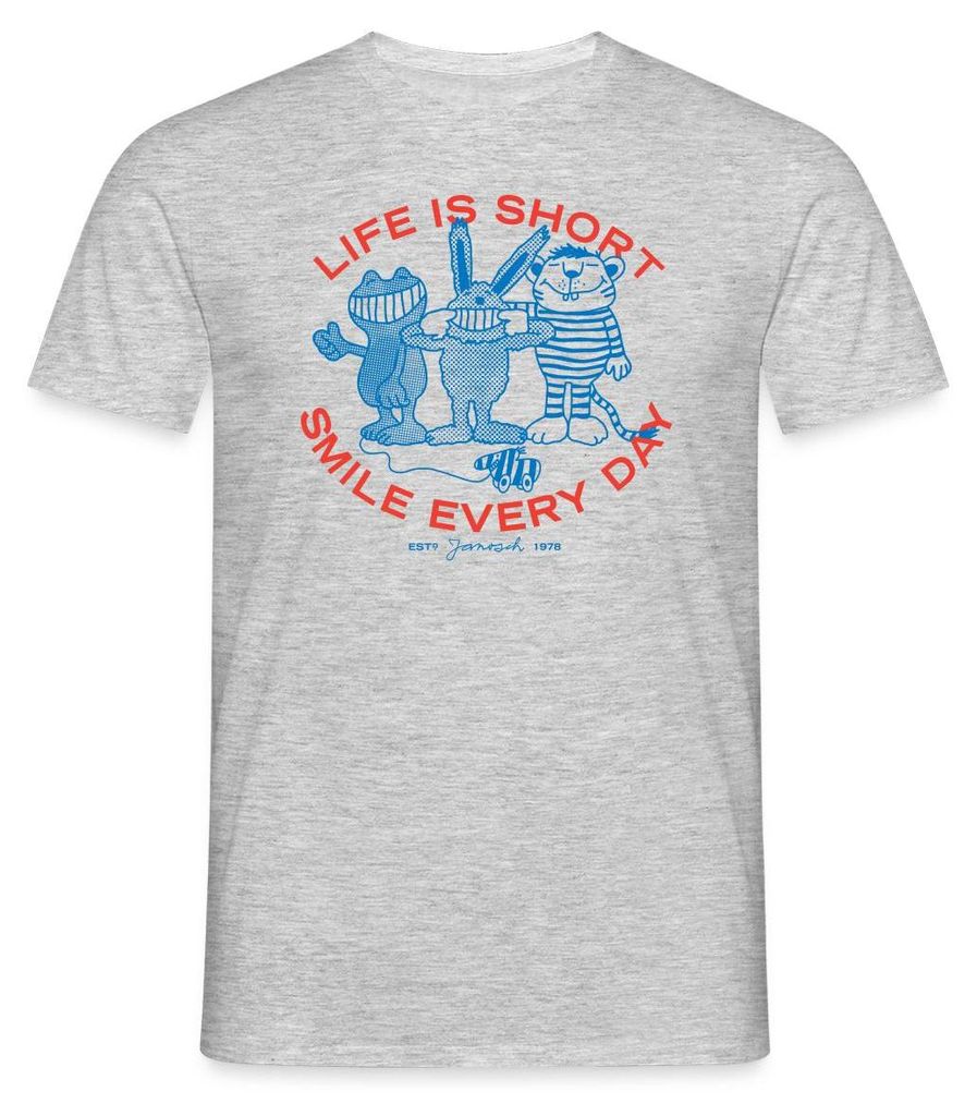 Spreadshirt Janosch Charaktere Life Is Short Smile Every Day Männer T-Shirt, L, Grau meliert