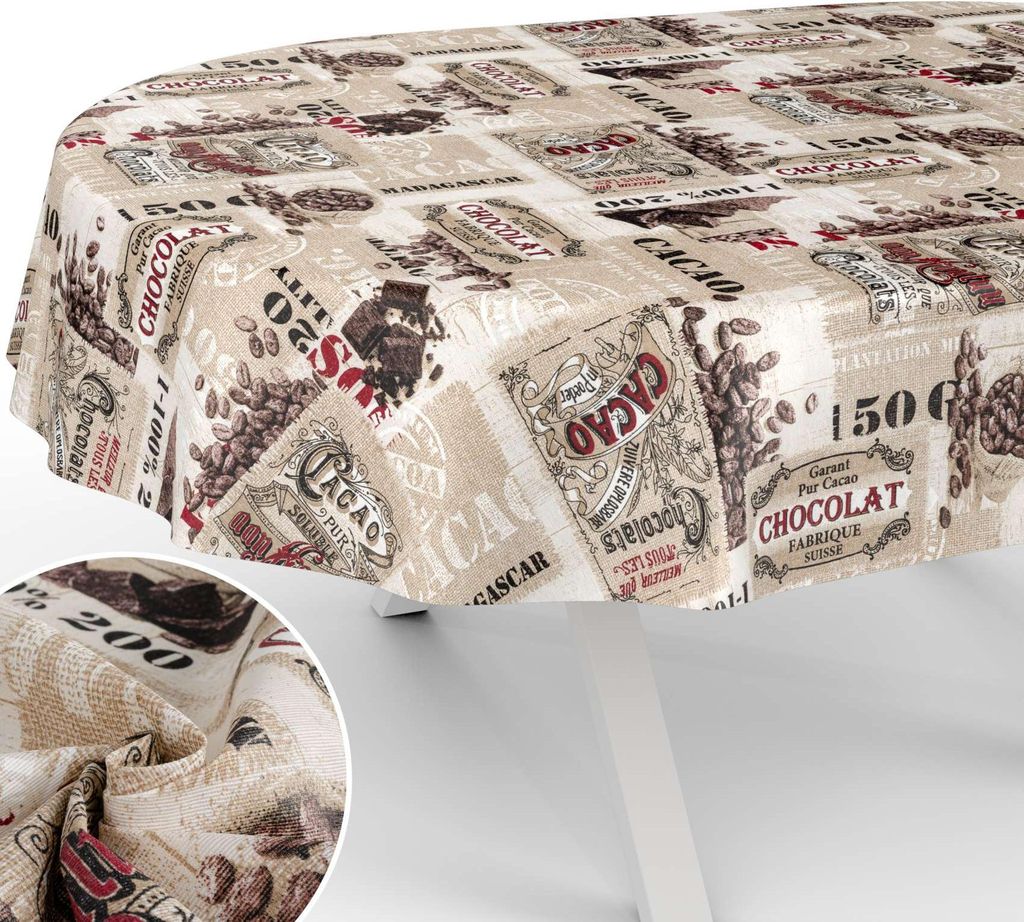 Tischdecke Kakao - Schokolade mit Tee und Kaffee aus Textil Tischtuch mit Beschichtung Tischwäsche American Beige Oval Breite 140cm Länge 160cm m...