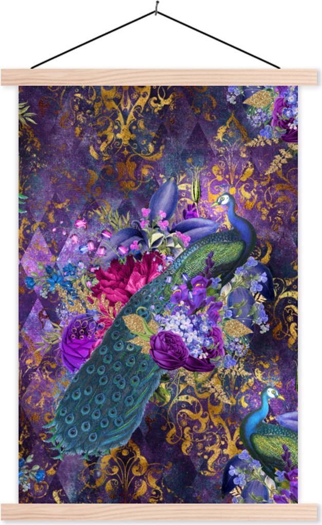 MuchoWow Textilposter Muster - Pfau - Lila - Gold 60x90 cm mit holzfarbenen Rahmen - Textil