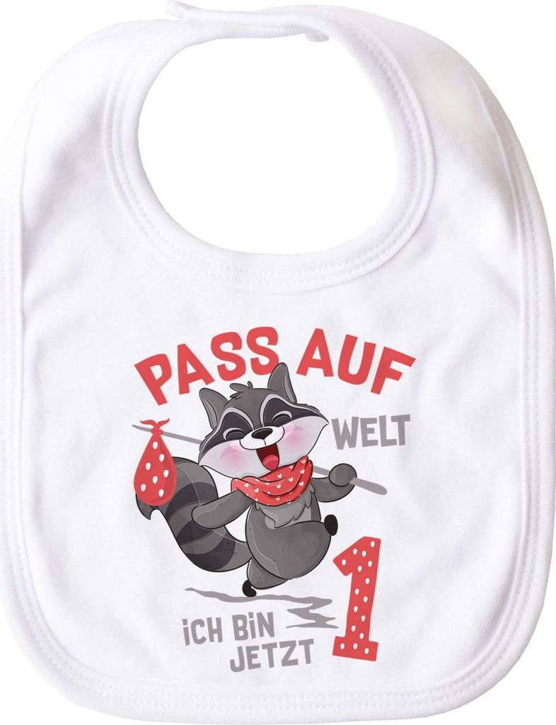 Baby Lätzchen groß Pass auf Welt ich bin jetzt 1 Waschbär Geschenke zum ersten Geburtstag Babylatz Moonworks weiß unisize