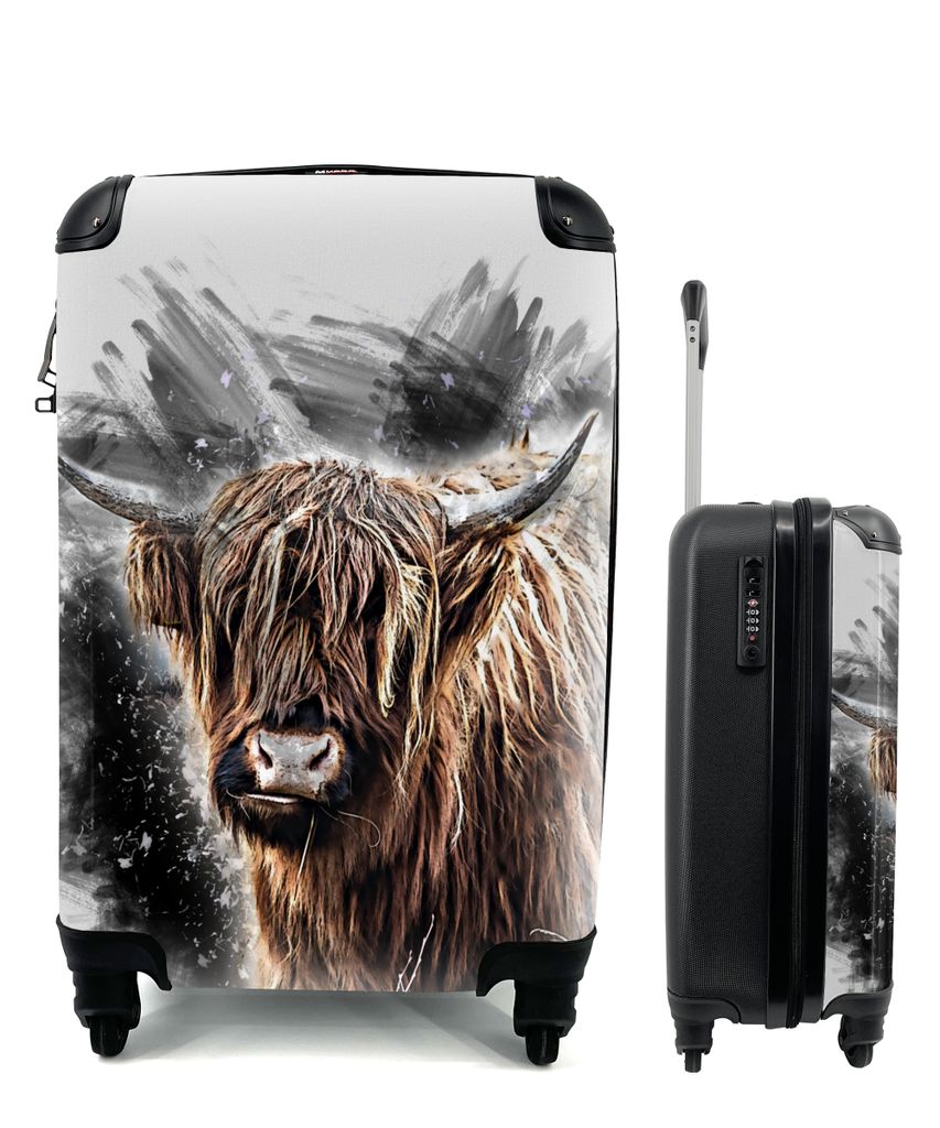 MuchoWow Koffer Handgepäck Trolley Rollkoffer Kleine Reisekoffer mit 4 Rollen - Scottish Highlander - Farbe - Schwarz - Cabin Size < 55x40x23 cm...