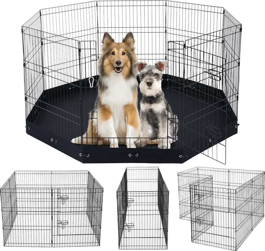 A black metal dog playpen with two dogs inside, and three smaller images of the playpen in different configurations below.