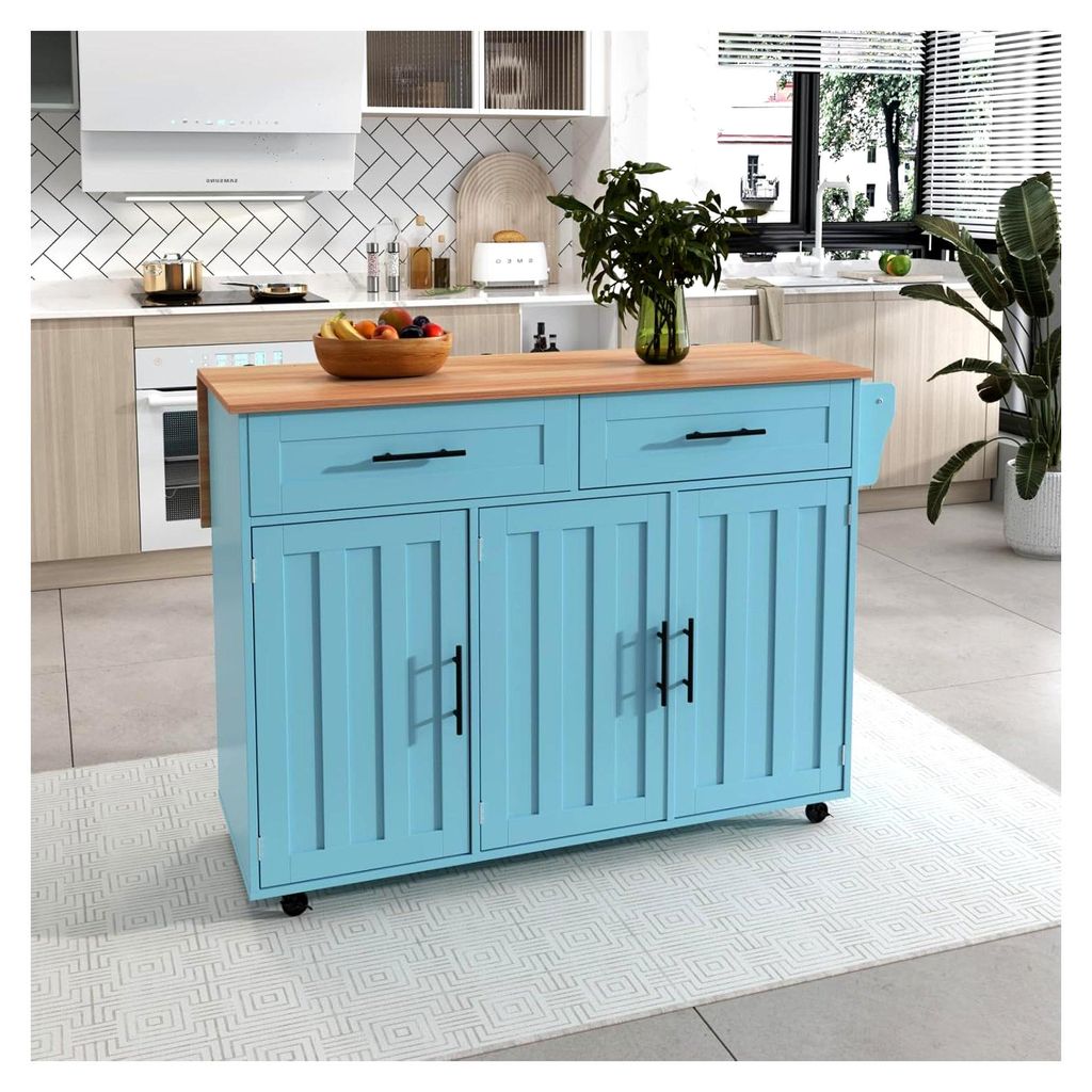 Kücheninsel mit klappbarer Tischplatte, Küchenwagen mit 3 Türen und 2 Schubladen, Buffetschrank Servierwagen mit Rollen, Kitchen Island für Ess...
