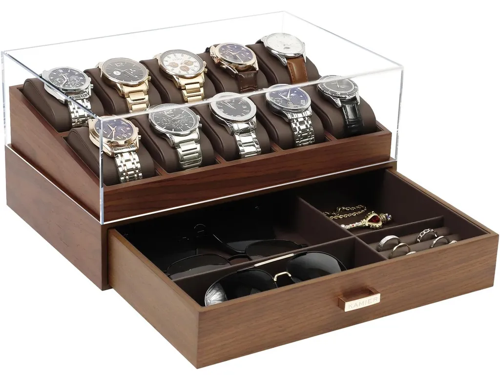 Boîte à Montres 10 Emplacements en Noyer avec Vitre et Tiroir Bijoux