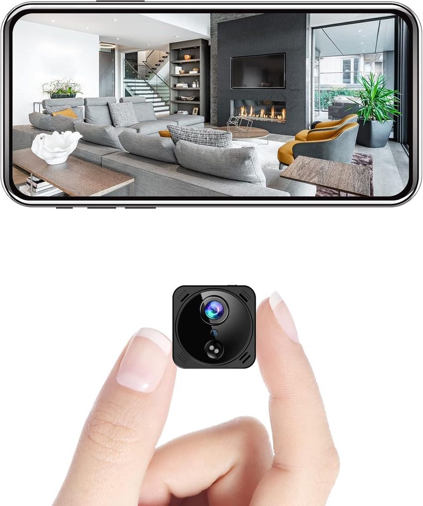 A hand holding a mini camera with a living room scene displayed on a phone screen above.