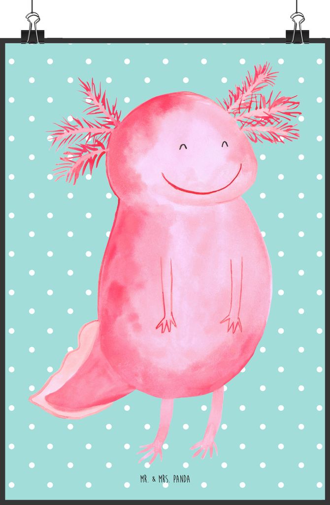 Mr. & Mrs. Panda Bild Axolotl Glücklich DIN A2 - Türkis Pastell - Geschenk, Wanddekoration, Axolot, Lebensfroh, wanddruck, drucke, Lurch, Wandbil...