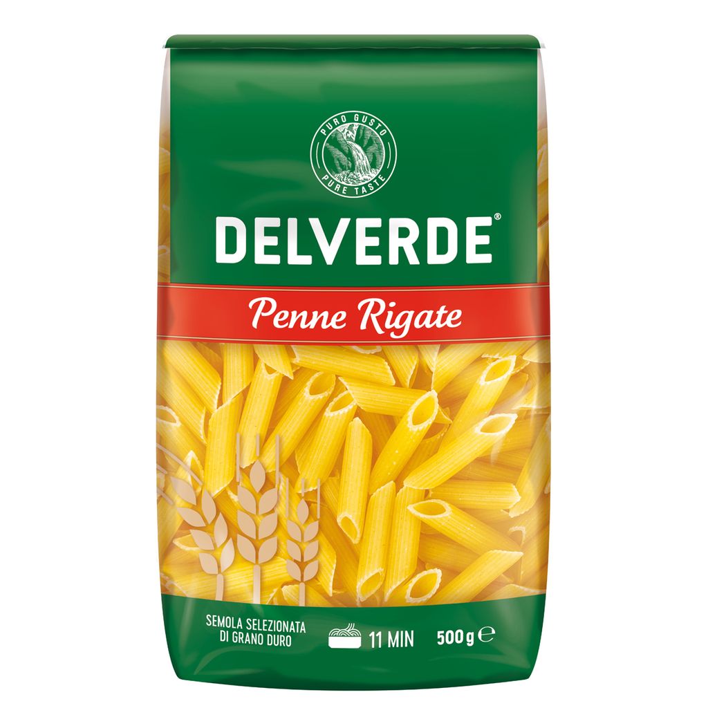 A bag of Delverde Penne Rigate pasta.