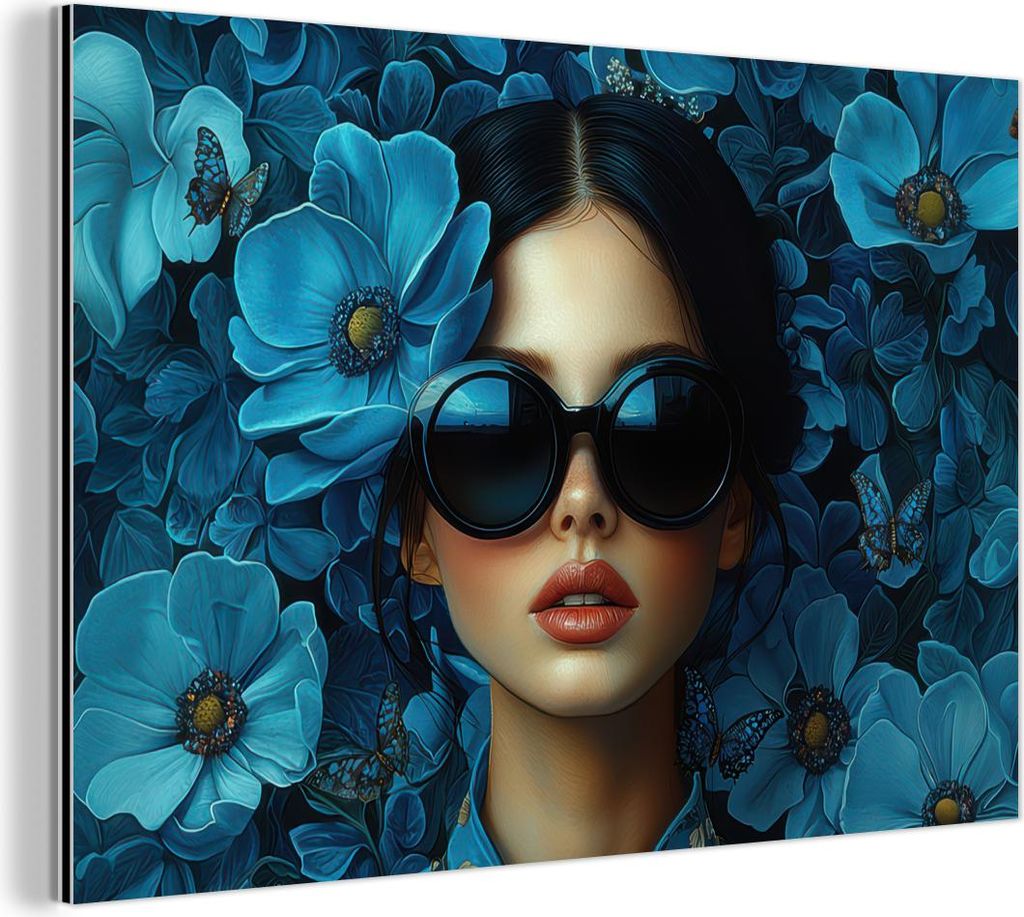 MuchoWow Wanddekoration Metall Metallbild Wandkunst 90x60 cm Frau - Blumen - Blau - Ästhetik - Luxus MuchoWow Aluminium Gemälde - Wandbilder