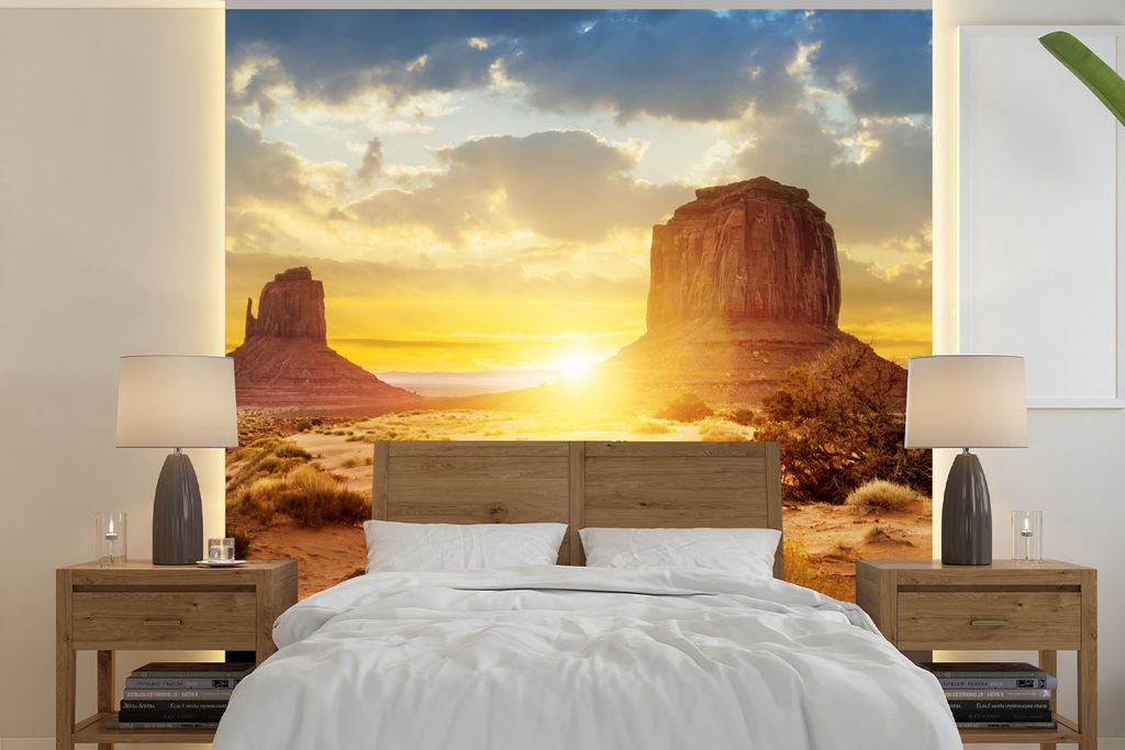 MuchoWow Fototapete für Wohnzimmer oder Schlafzimmer Wandtapete Vinyl Motivtapete Sonnenuntergang - Felsen - Landschaft - Horizont - 350x350 cm ...