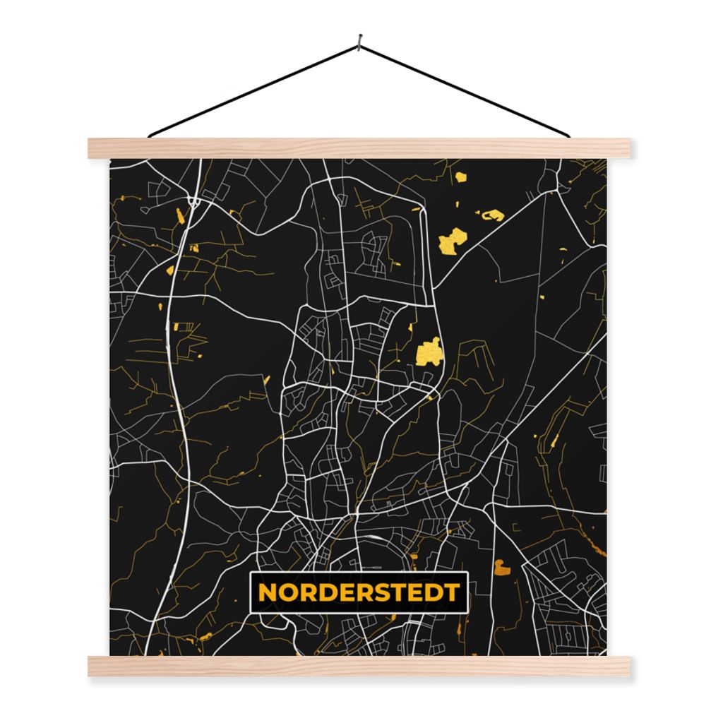 MuchoWow Textilposter Deutschland - Schwarz und Gold - Norderstedt - Stadtplan - Karte 120x120 cm mit holzfarbenen Rahmen - Textil-Poster