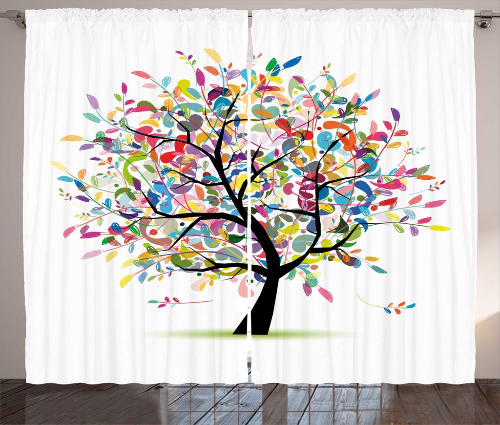 ABAKUHAUS Bunt Rustikaler Vorhang, Modern, Baum, Silhouette, Wohnzimmer Universalband Gardinen mit Schlaufen und Haken, 280 x 225 cm, Koksgraue Mul...