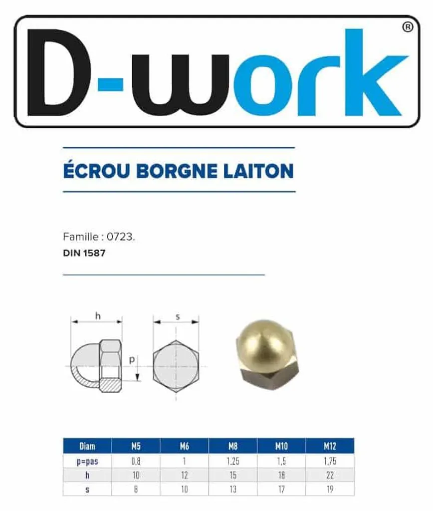 Écrou Borgne M10 Laiton pour Assemblage Extérieur et Décoration