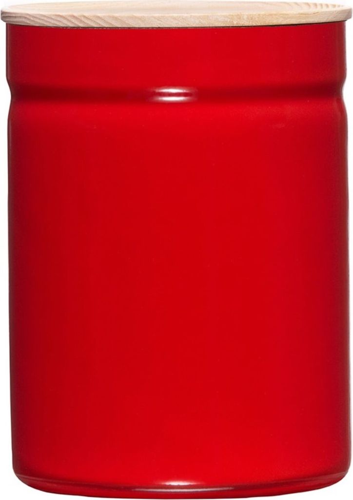 A red ceramic storage jar with a light wood lid.