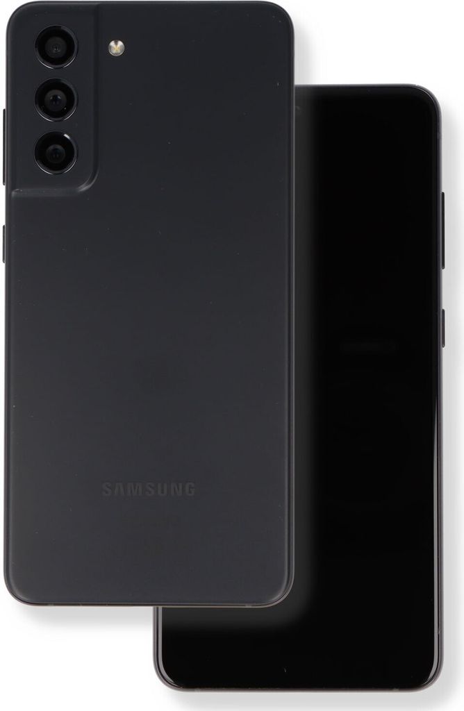 A dark gray Samsung Galaxy S21 FE 5G smartphone is shown from the back, with a second phone screen visible.