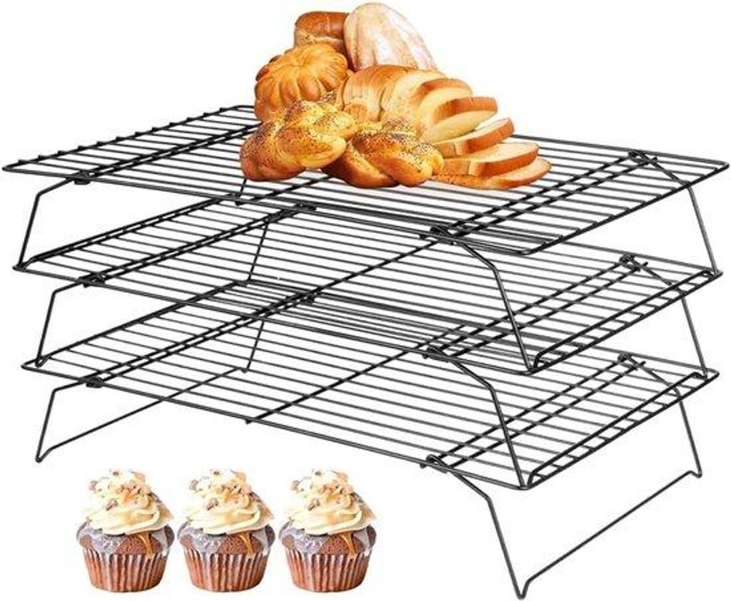 Afkoelrooster mit Antihaftbeschichtung | Stapelbarer Backofen 40 x 25 cm | Kochutensilien für Muffin, Pizza, Cupcakes und Grillen | Edelstahl | 3 ...