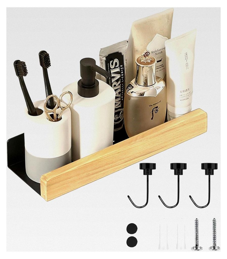 30 cm Duschablage zum Bohren, Schwarzes Badezimmer Wandregal mit Waagerechtem Ablaufloch und Magnetischem Haken, für Arbeitszimmer, Bad und Schlaf...