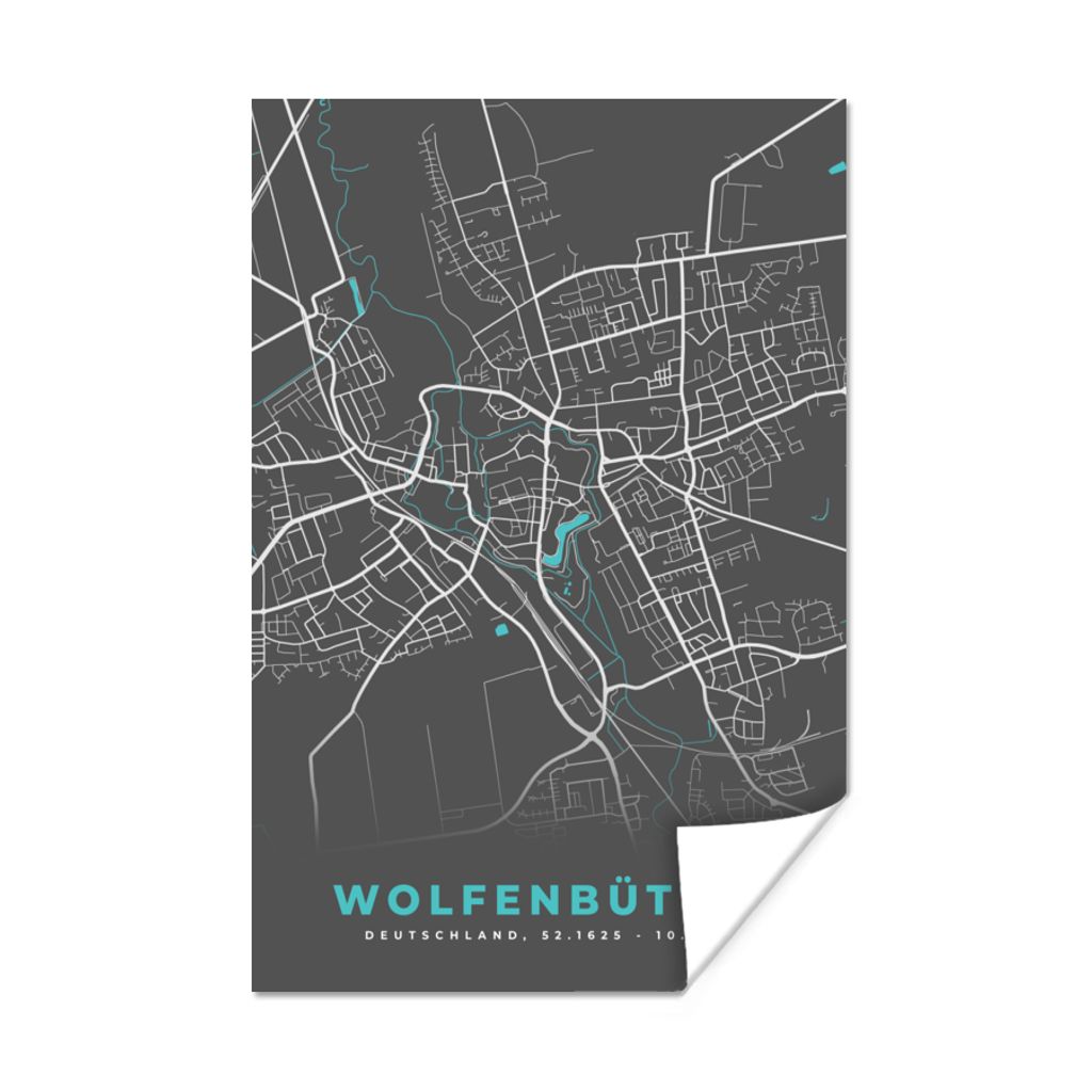 MuchoWow Poster Stadtplan - Deutschland - Blau - Wolfenbüttel - Karte 120x180 cm - Kunstposter
