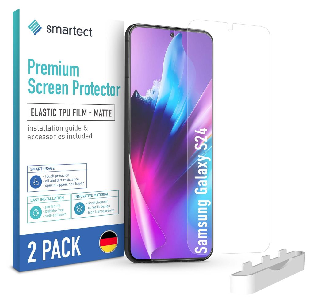 A product package for a screen protector for a Samsung Galaxy S24 phone, with the phone and screen protector shown.