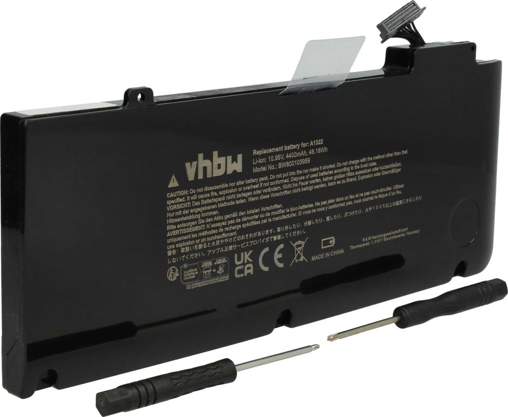 vhbw Akku kompatibel mit Apple Macbook Pro 13 Zoll MB991J/A, 13 Zoll MB991CH/A, 13 Zoll MB991LL/A Notebook (4400 mAh, 10,95 V, Li-Polymer)