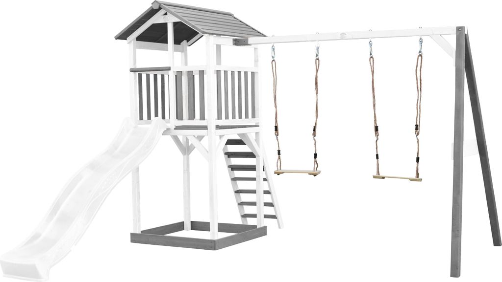 AXI Beach Tower Spielturm aus Holz in Weiß & Grau | Spielhaus für Kinder mit weißer Rutsche, Doppelschaukel und Sandkasten | Stelzenhaus für de...