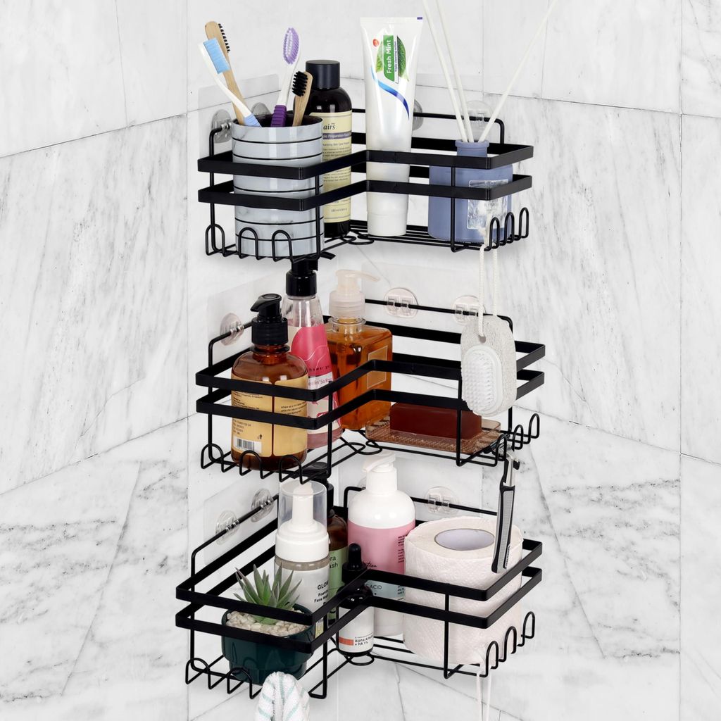 Belle Vous (3er Pack) Duschablage Ecke Ohne Bohren mit Haken - Selbstklebendes Duschregal Ecke aus Eisen - Eckablage Dusche für Seife, Shampoo oder