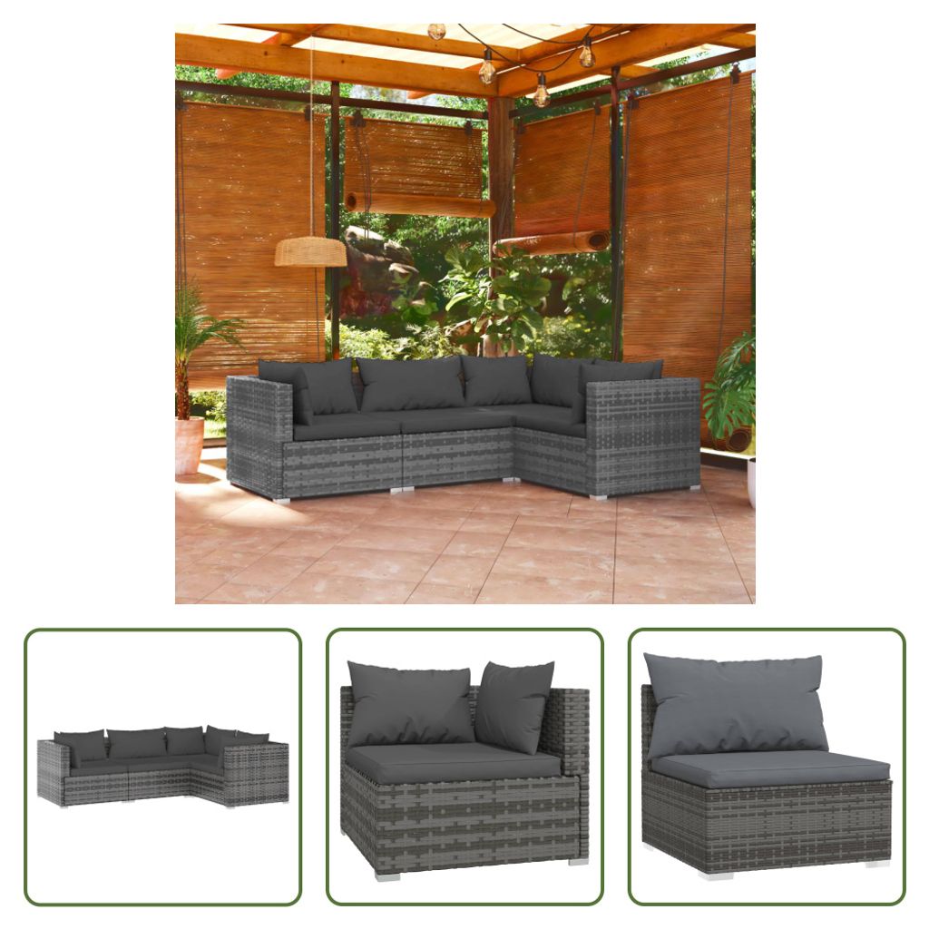 The Living Store 4-tlg. Garten-Lounge-Set mit Kissen Poly Rattan Grau