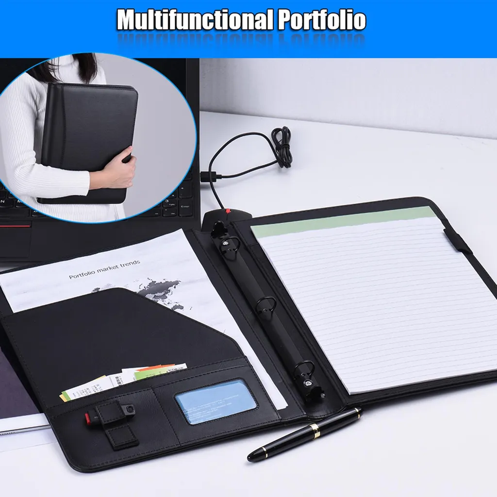 Padfolio A4 cuir PU : porte-documents organisé avec porte-cartes et U-Disk - 3