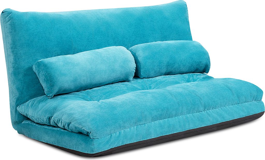A teal colored floor sofa with two lumbar pillows is shown against a white background.