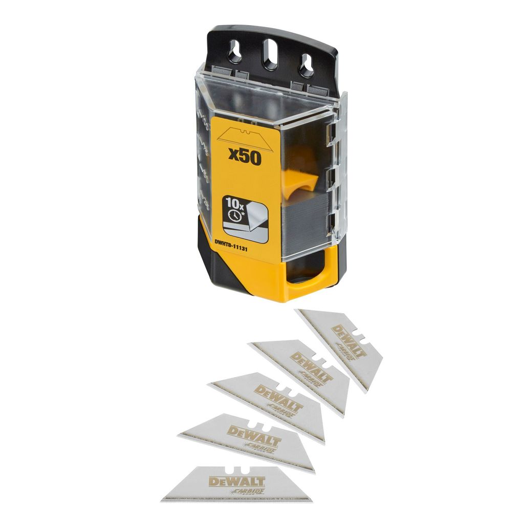 DeWALT Universal-Trapezklingen DWHT8-11131, wolframcarbid-beschichtet, Teppichmesser, 50 Stück im praktischen Spender