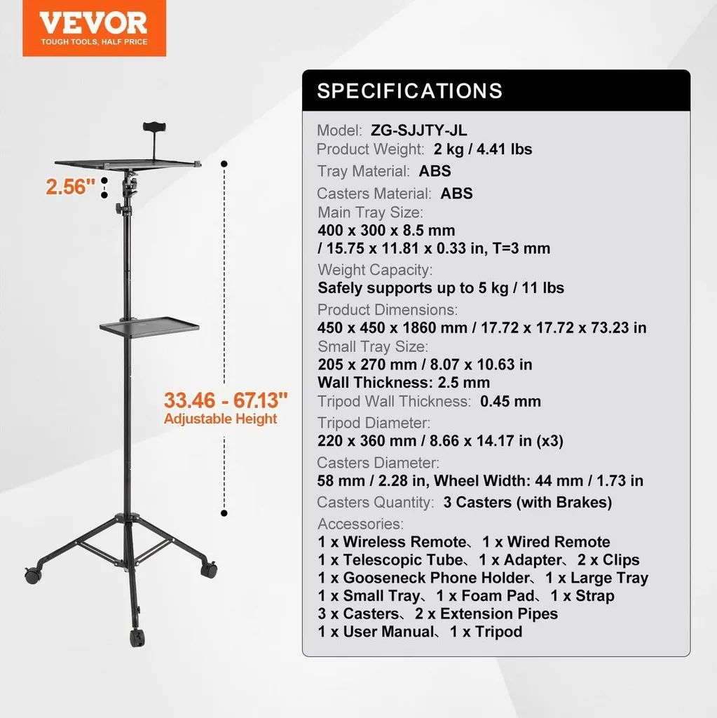 Support Vidéoprojecteur à Roulettes et Trépied PC Portable 80-170cm