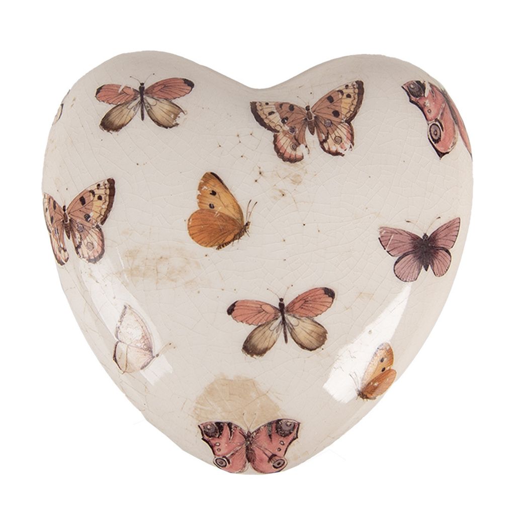 Clayre & Eef Dekoration Herz 10X10x4 cm Beige Rosa Keramik Schmetterlinge