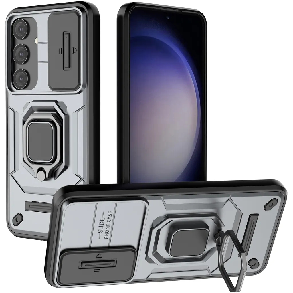 Custodia per Samsung Galaxy S24 a doppio strato con protezione fotocamera scorrevole e supporto per anello, stand Grey